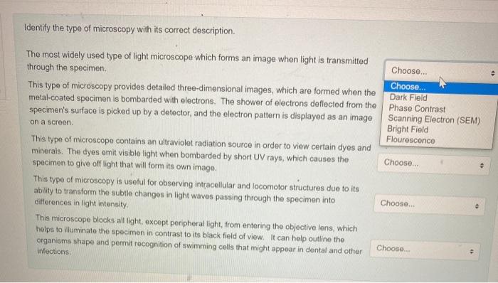 Summary chart for microscope answers